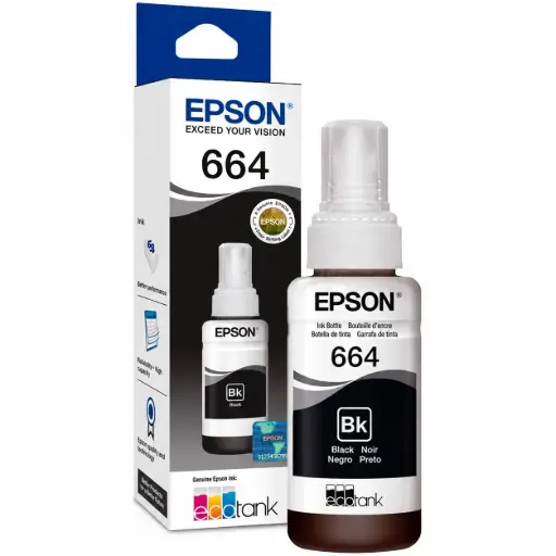 [664-Black] Tinta Original para Impresora EPSON 664 EcoTank, Botella de 70 ml – Negro